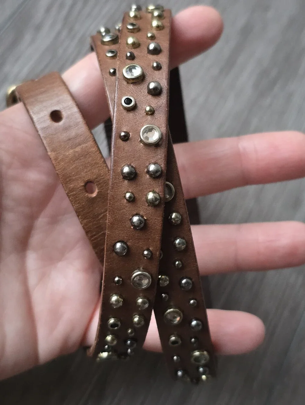 J.Crew Brown Leather Studded Rhinestone Skinny Belt Boho Western Jeweled M